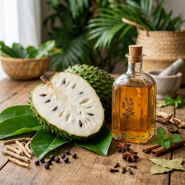 Fresh soursop fruit and herbal bitters bottle with tropical leaves — natural soursop bitters for health and wellness